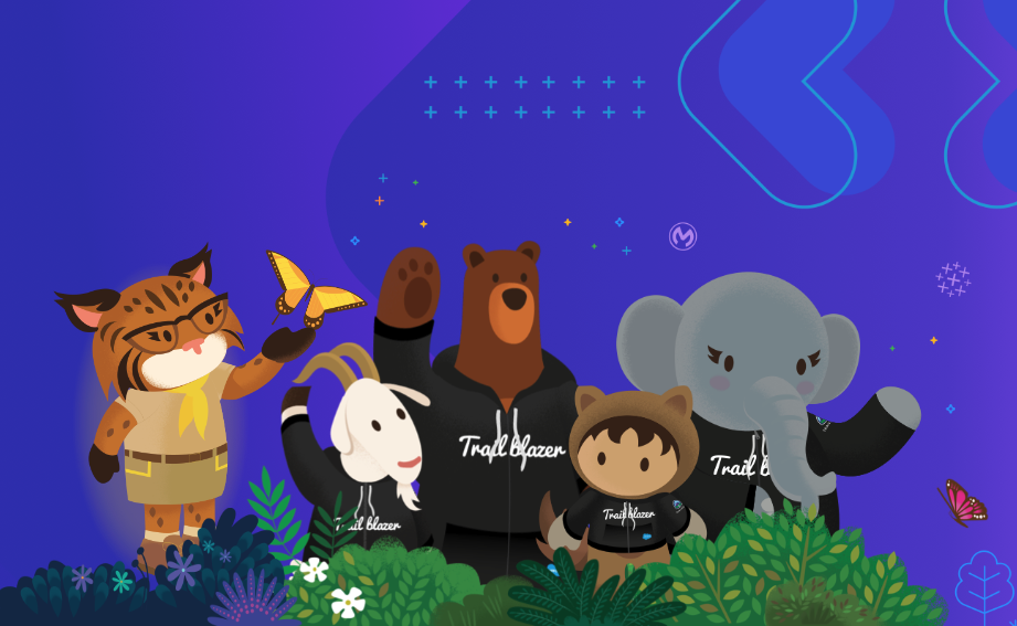 An illustration of several Salesforce mascots. 