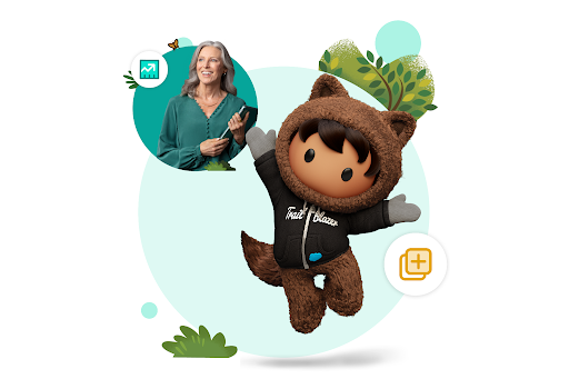 A photo illustration of AppExchange mascot Appy and woman wearing a green shirt. 