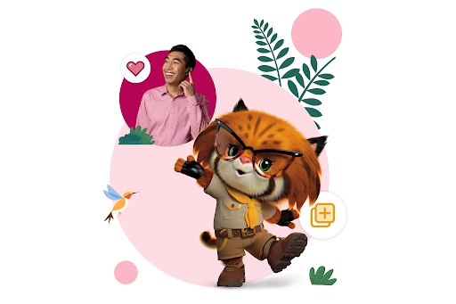 An illustration of AppExchange mascot Appy and a man wearing a pink shirt. 