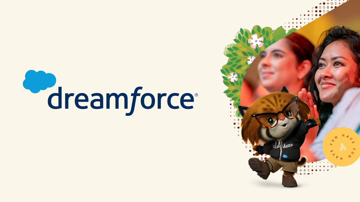An illustration of a smiling woman, AppExchange mascot Appy, and the Dreamforce logo.